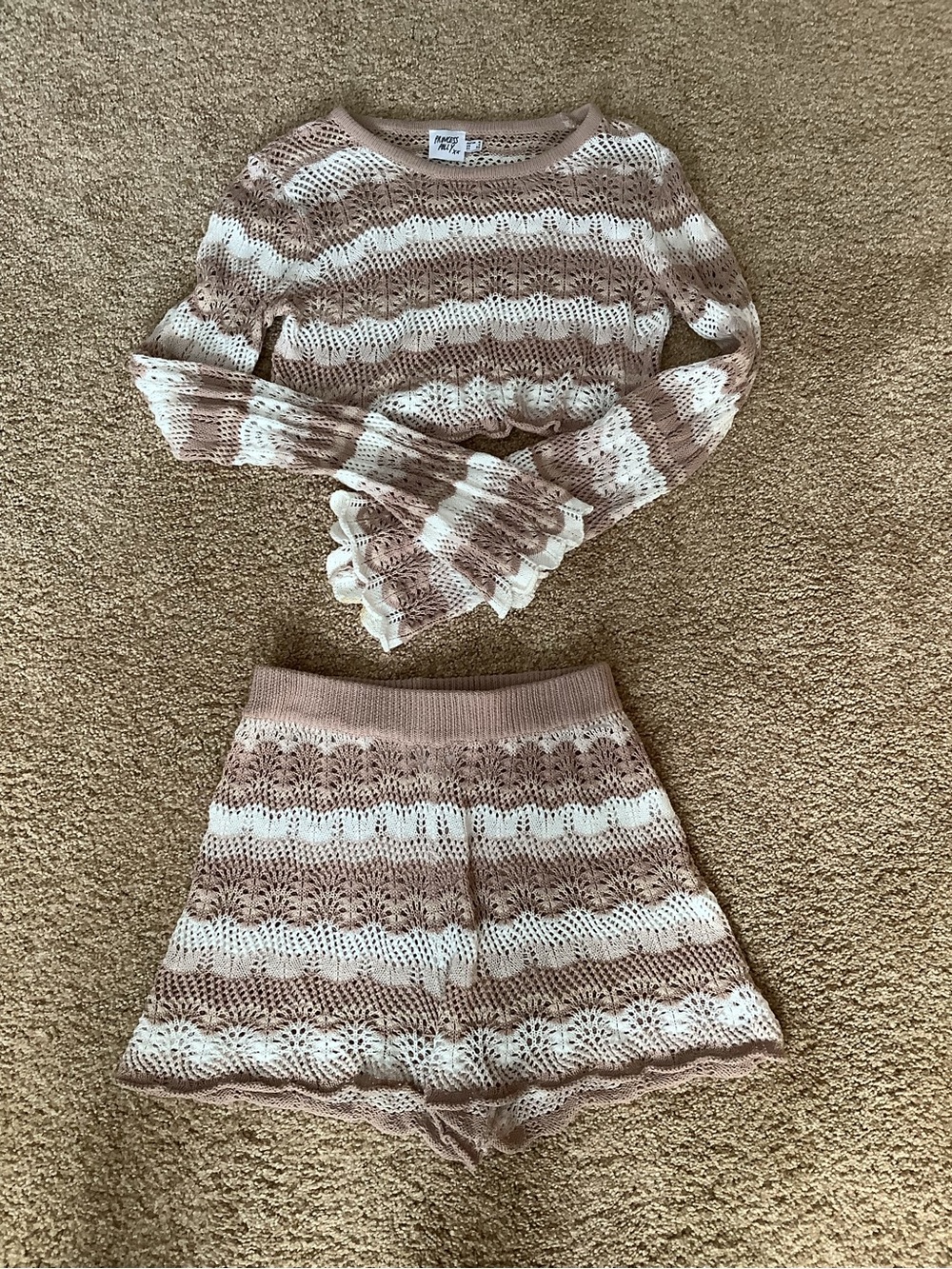 Princess Polly Beige & White Striped Crochet Skort Set